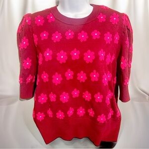 Kate Spade - Maroon & Pink "Marker Floral" Short Sleeve Sweater Sz XL